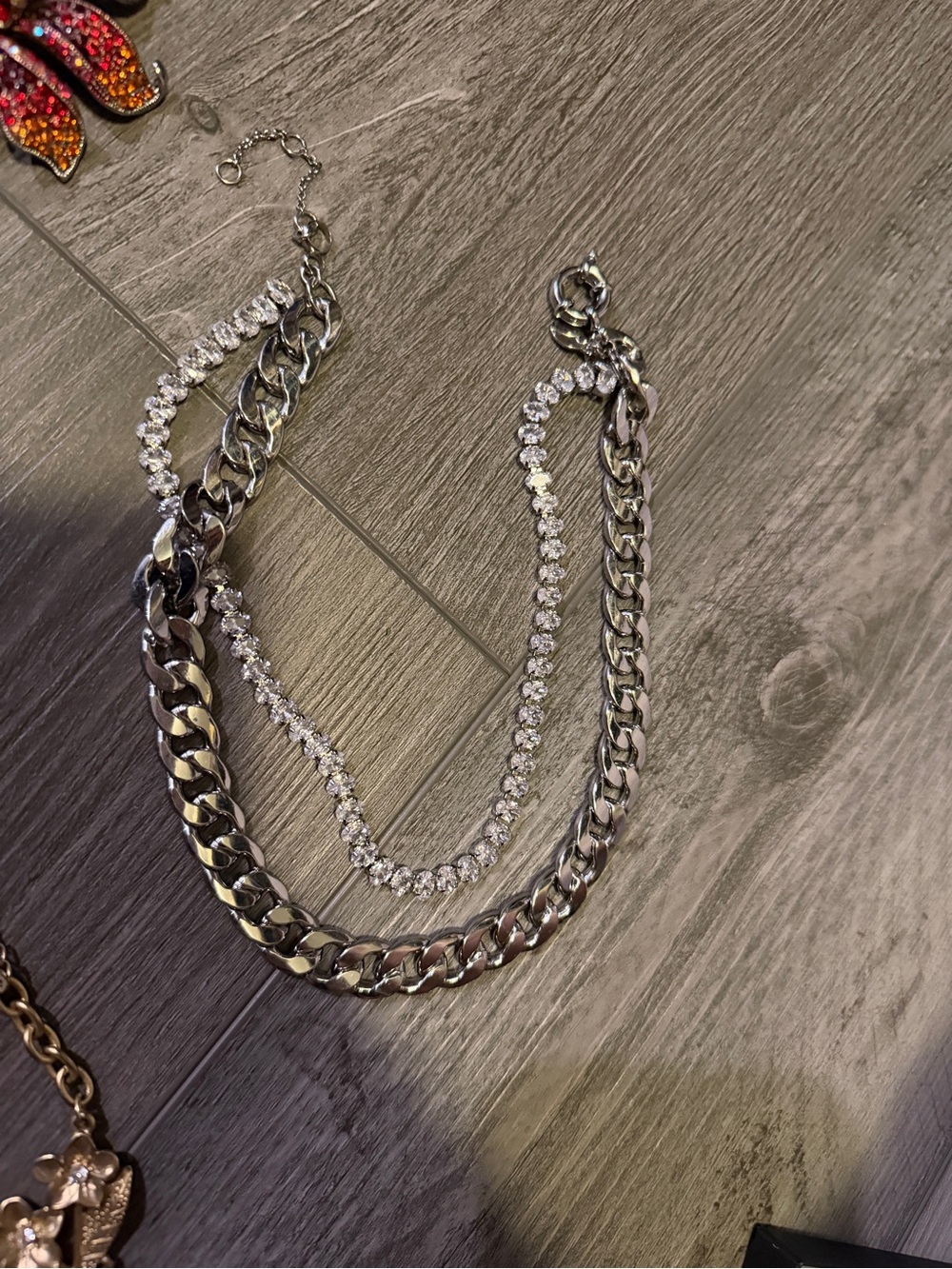 Silver Layered Chain and Tennis Necklace - Women's Jewelry